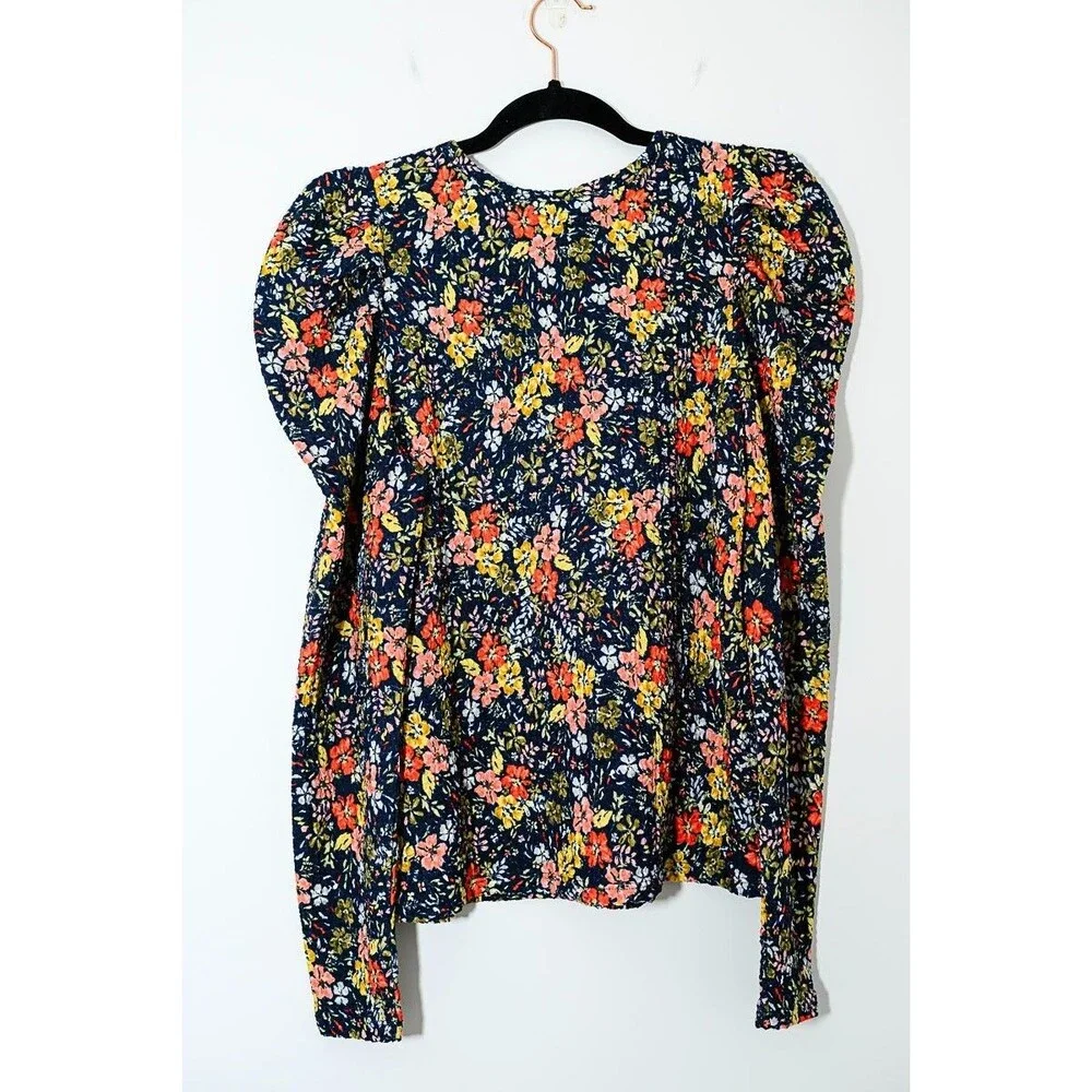 LOFT Petites Dark Floral Blouse puff long sleeves gauzy Cottage Boho Fairy MP - Picture 3 of 5